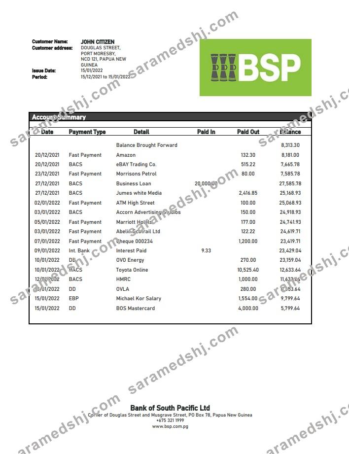 Papua New Guinea BSP bank statement